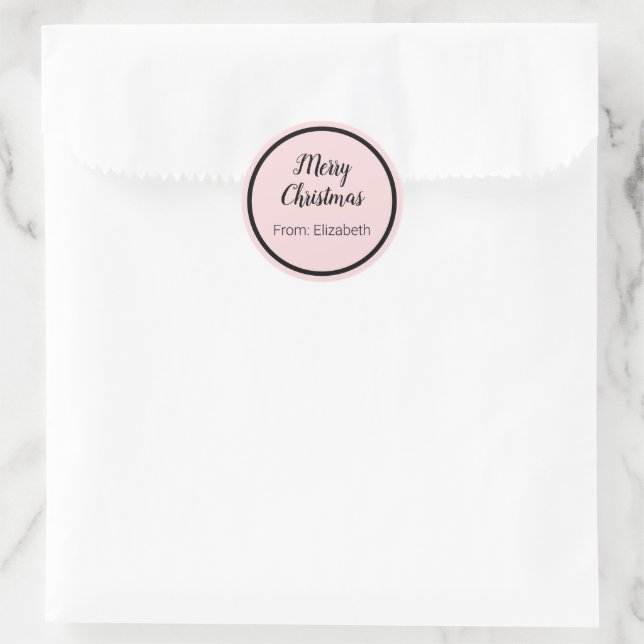 Merry Christmas Script Black & Pale Pink Name Classic Round Sticker (Bag)