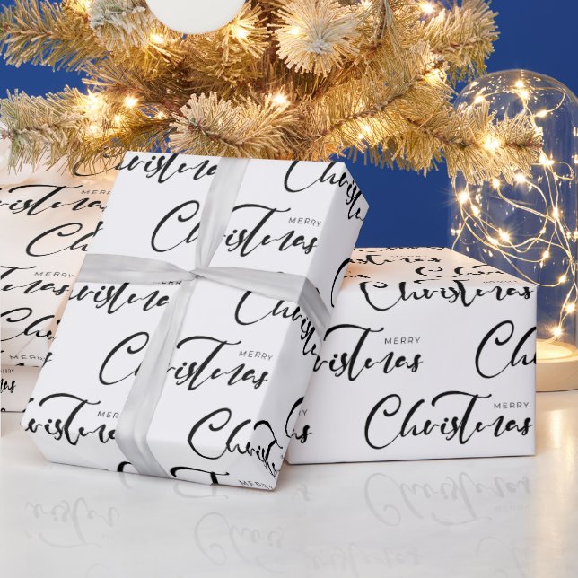 Merry Christmas Script Black White Holiday  Wrapping Paper (Holidays)