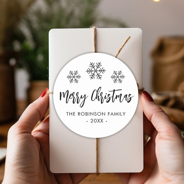 Merry Christmas Script Black White Snowflake Classic Round Sticker (Creator Uploaded)