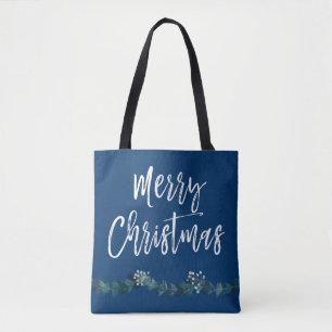Merry Christmas Script Blue Christmas Tote Bag