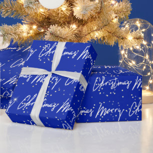 Merry Christmas Script Blue Navy Gold Confetti Wrapping Paper