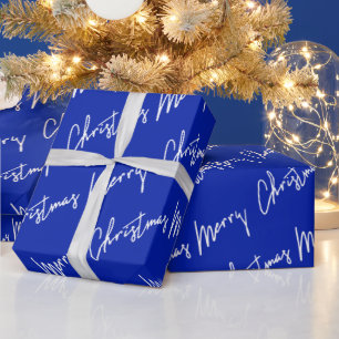 Merry Christmas Script Blue Navy White Winter  Wrapping Paper