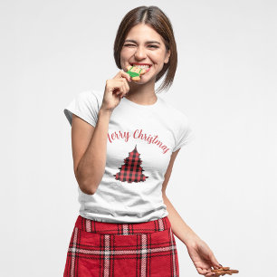 Merry Christmas Script Buffalo Check  T-Shirt