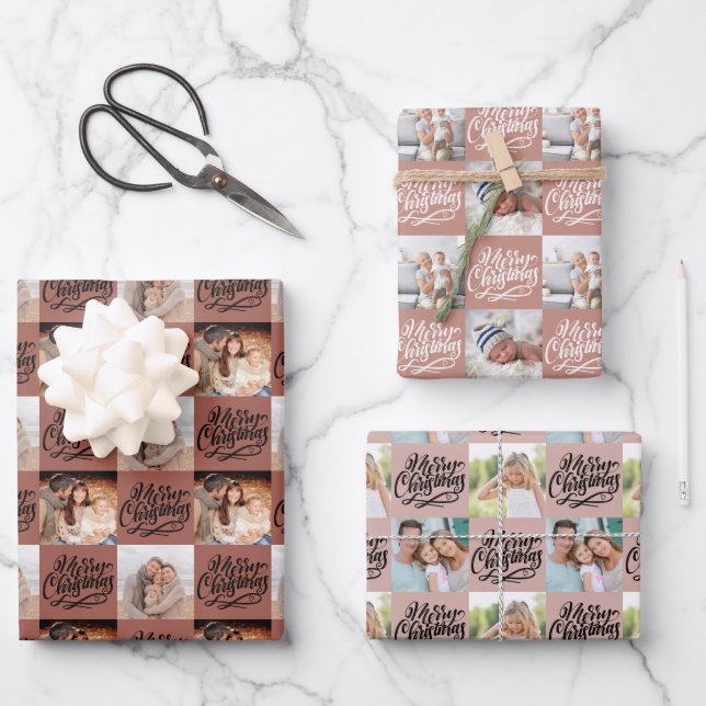 Merry Christmas Script Chequerboard 6 Photo Wrapping Paper Sheet (Front)