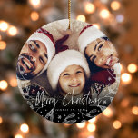 Merry Christmas Script Copy Photo Ceramic Ornament<br><div class="desc">This elegant,  modern keepsake ornament has "Merry Christmas" in script copy and a transparent white florals around the border.  Add your family photo,  and put the date at the bottom.</div>