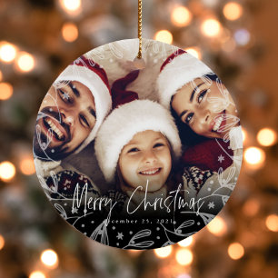 Merry Christmas Script Copy Photo Ceramic Ornament