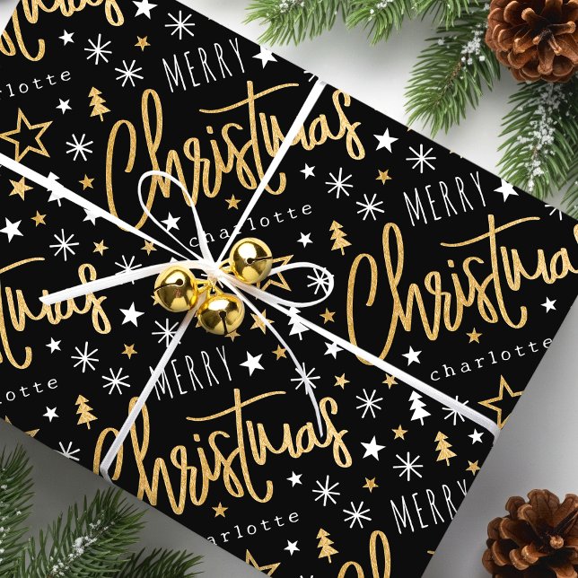 Merry Christmas Script Custom Name Black Faux Gold Wrapping Paper (Creator Uploaded)