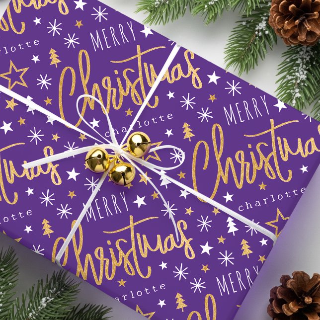 Merry Christmas Script Custom Purple Faux Gold Wrapping Paper (Creator Uploaded)