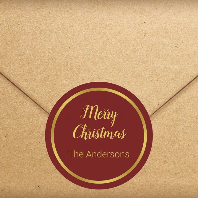 Merry Christmas Script Dark Red and Gold Your Name Classic Round Sticker (Creator Uploaded)