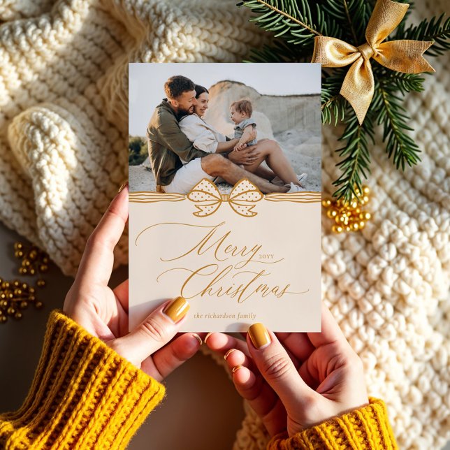 Merry Christmas Script Elegant Bow & Ribbon Photo Holiday Card (Merry Christmas Script Elegant Bow & Ribbon Photo Holiday Card)