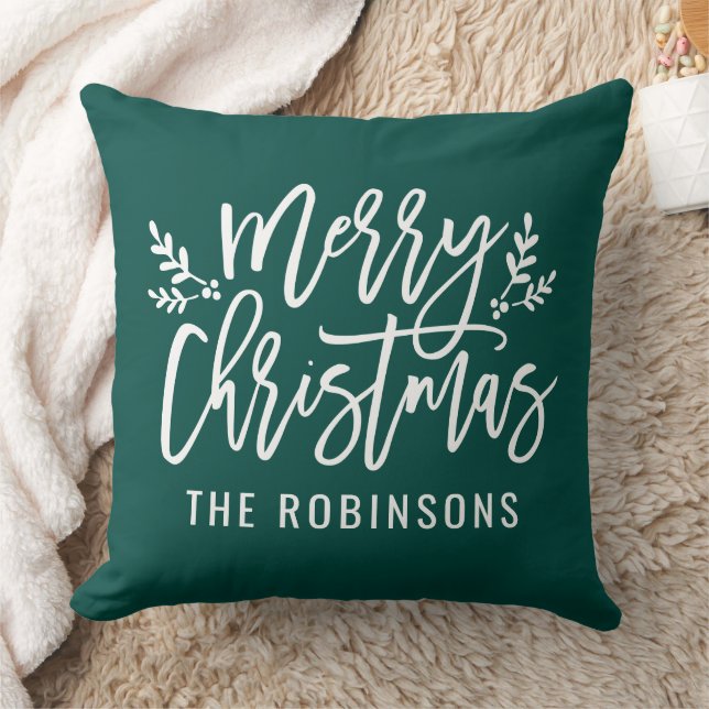 Merry Christmas Script Family Name Emerald Cushion (Blanket)