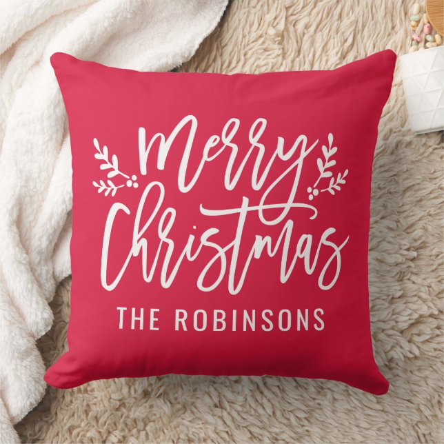 Merry Christmas Script Family Name Red Cushion (Blanket)