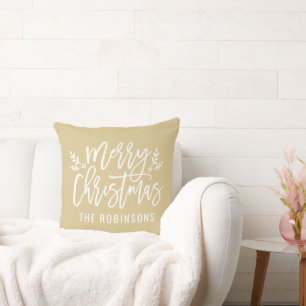 Merry Christmas Script Family Name Tan Gold Cushion