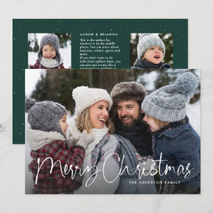 Merry Christmas script family newsletter green Holiday Card