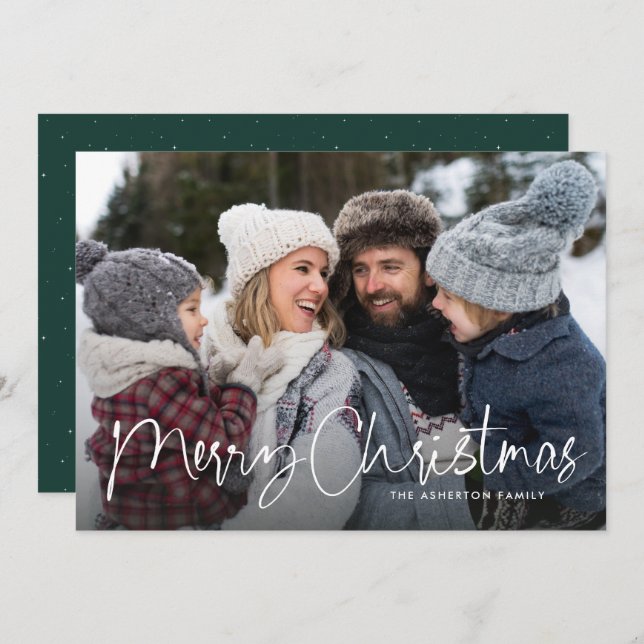 Merry Christmas script family newsletter green Holiday Card (Front/Back)
