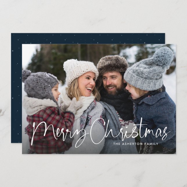 Merry Christmas script family newsletter navy blue Holiday Card (Front/Back)