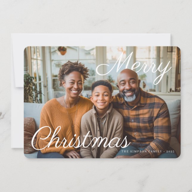 Merry Christmas Script Family Photo Holiday Card (Front)