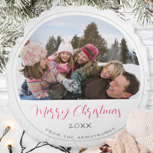 Merry Christmas Script Family Photo Keepsake Round Cushion