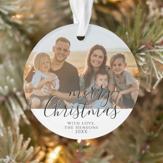 Merry Christmas Script Family Photo  Ornament (Tree)