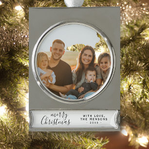 Merry Christmas Script Family Photo Silver Plated Banner Ornament