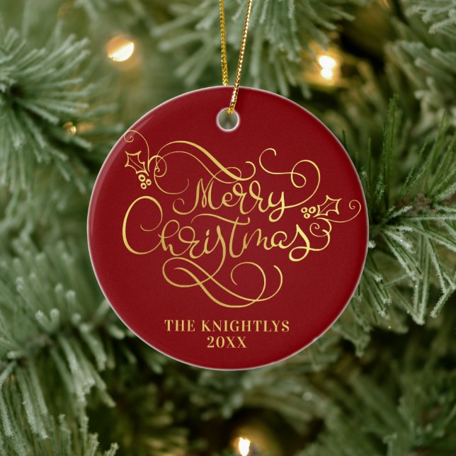 Merry Christmas Script Faux Gold Your Colour Ceramic Ornament (Tree)