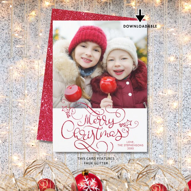 Merry Christmas Script Faux Red Glitter Photo Holiday Card (Creator Uploaded)