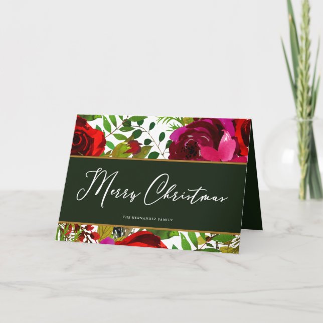 Merry Christmas Script Floral Green and White Holiday Card (Front)