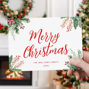 Merry Christmas Script Floral Holiday Card