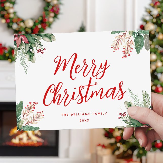 Merry Christmas Script Floral Holiday Card (Creator Uploaded)