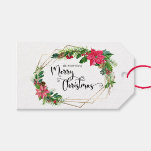 Merry Christmas Script Floral w/Gold Beaded Frame Gift Tags
