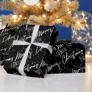 Merry Christmas Script From Name Black White Gold  Wrapping Paper