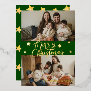 Merry Christmas Script Gold Stars 2 Photo Green Foil Holiday Card
