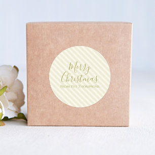 Merry Christmas Script Gold Striped Gift  Classic Round Sticker
