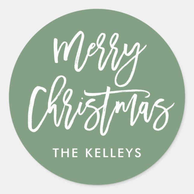 Merry Christmas Script Green Personalized Classic Round Sticker (Front)