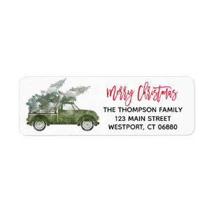 Merry Christmas Script Green Truck Return Address Label