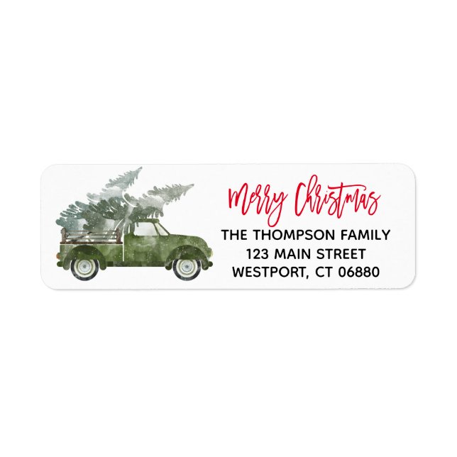 Merry Christmas Script Green Truck Return Address Label (Front)