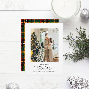 Merry Christmas Script Green Yellow Plaid Photo  Holiday Card