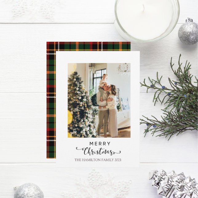 Merry Christmas Script Green Yellow Plaid Photo  Holiday Card (Creator Uploaded)