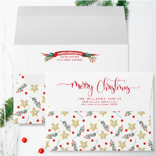 Merry Christmas Script, Greenery, Holly and Stars Envelope