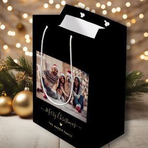 Merry Christmas Script Heart Black and Gold Photo Medium Gift Bag