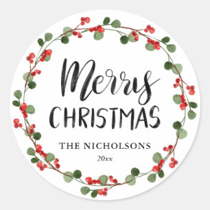Merry Christmas Script Holiday Berry Wreath  Classic Round Sticker