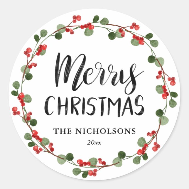 Merry Christmas Script Holiday Berry Wreath  Classic Round Sticker (Front)