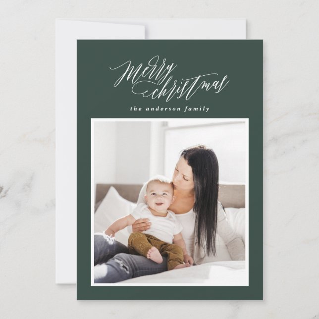 Merry Christmas script holiday one photo card (Front)