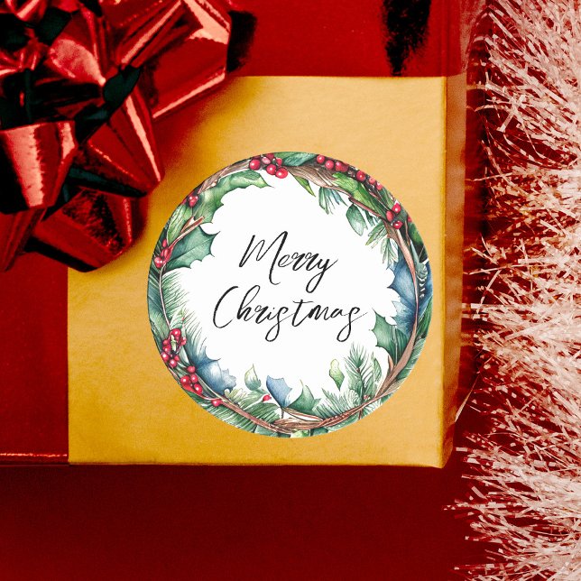 Merry Christmas Script Holiday Wreath Classic Round Sticker (Creator Uploaded)