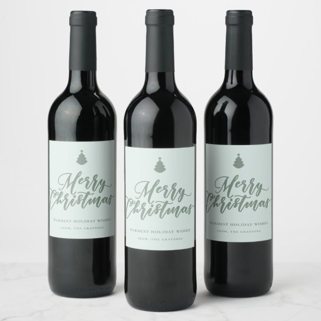 Merry Christmas Script Mint Green Holiday Wine Wine Label (Bottles)