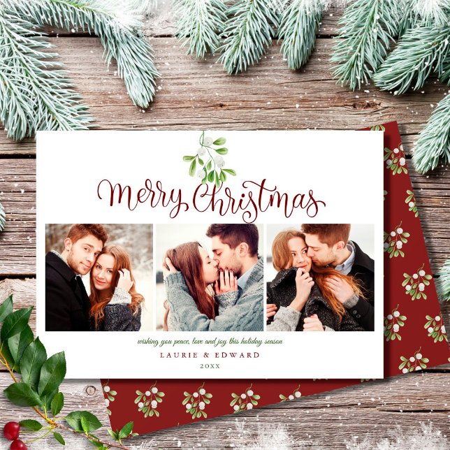 Merry Christmas Script Mistletoe 3 Photo Couples Holiday Card (Creator Uploaded)