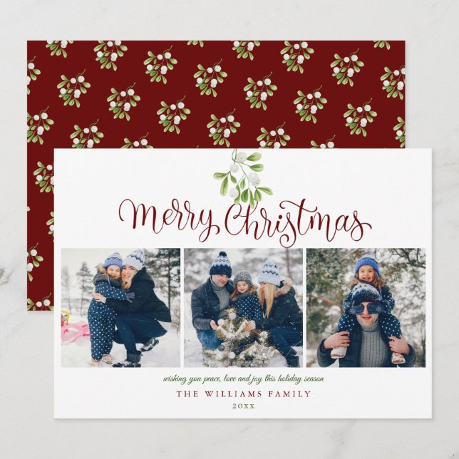 Merry Christmas Script Mistletoe 3 Photo Holiday Card (Front/Back)