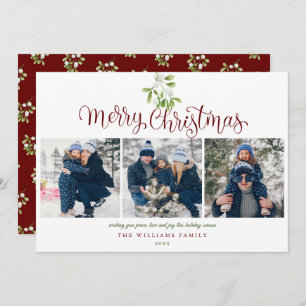 Merry Christmas Script Mistletoe 3 Photo Holiday Card