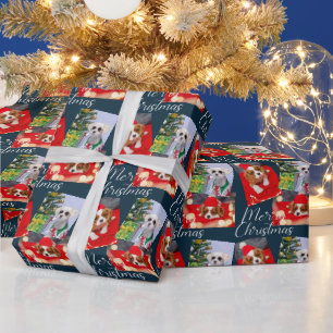 Merry Christmas Script Modern 3 Photo Personalised Wrapping Paper
