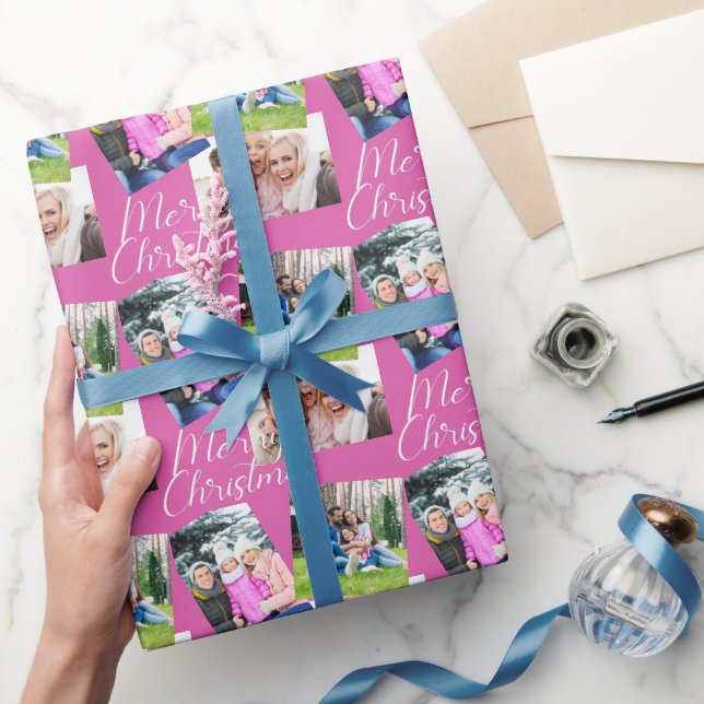 Merry Christmas Script Modern 3 Photo Personalised Wrapping Paper (Gifting)